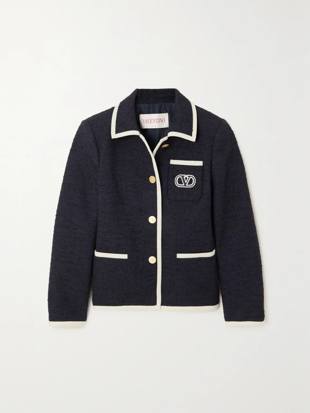 Valentino Garavani Embroidered Piped Tweed Jacket in navy