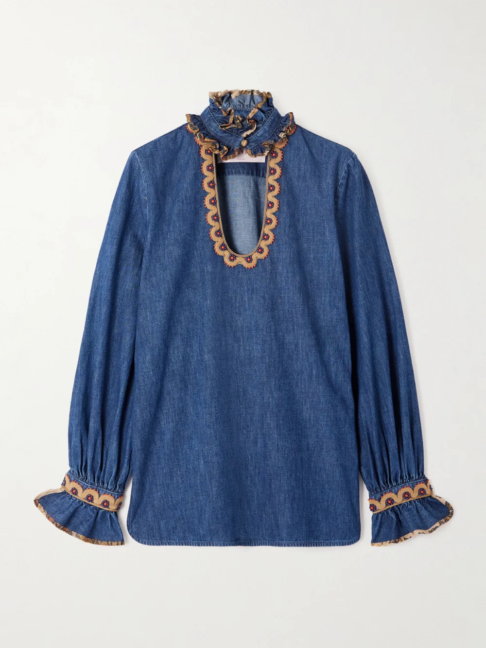 Valentino Garavani Embroidered Ruffled Embellished Chambray Top in navy