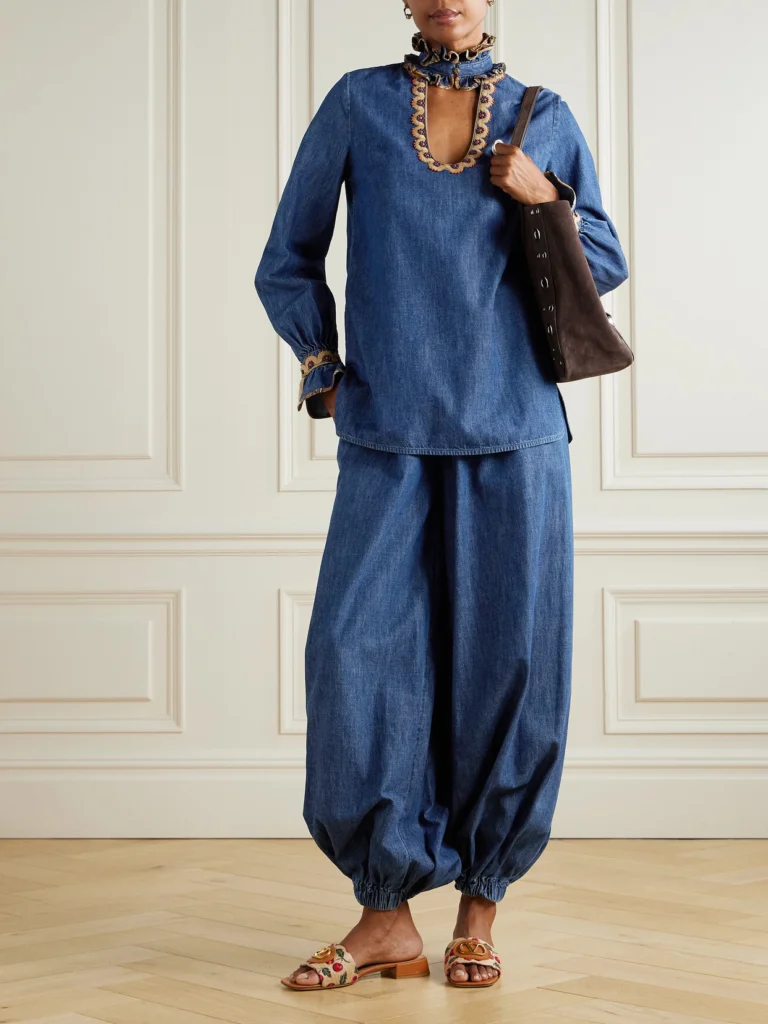 Valentino Garavani Embroidered Ruffled Embellished Chambray Top