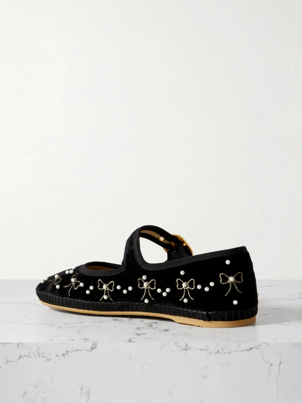 Back view of the Valentino Garavani Endouce Embellished Grosgrain-trimmed Velvet Mary Jane Ballet Flats