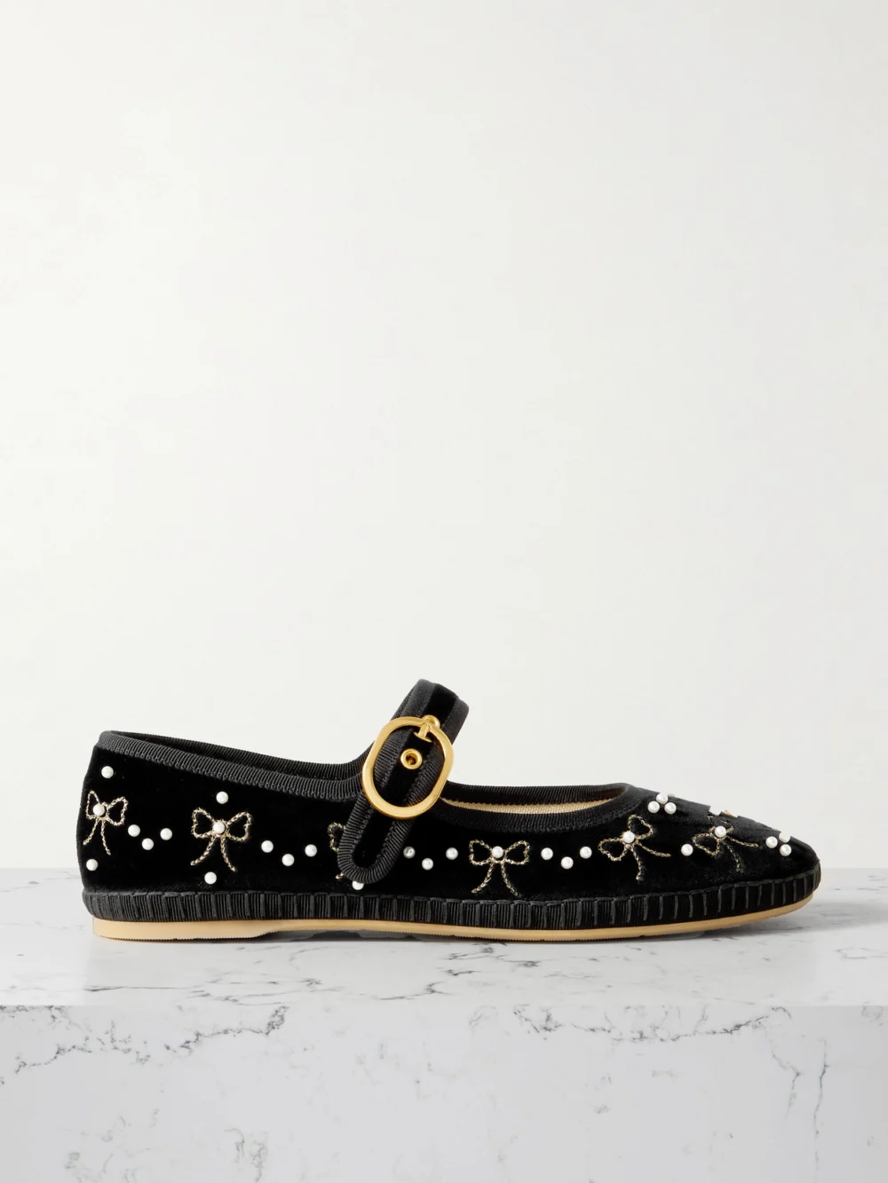 Valentino Garavani Endouce Embellished Grosgrain-trimmed Velvet Mary Jane Ballet Flats in black