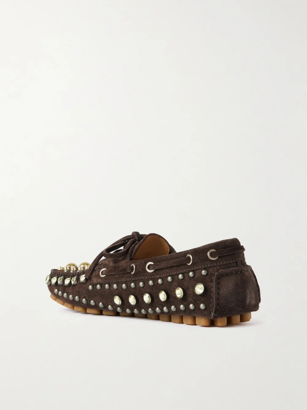 Back view of the Valentino Garavani Fastaway Embellished Suede Loafers