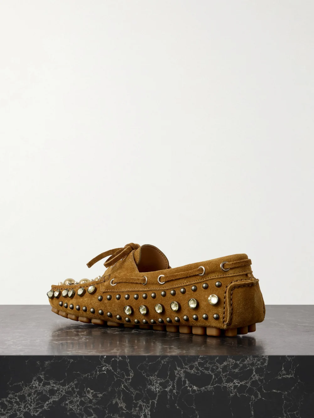 Back view of the Valentino Garavani Fastaway Embellished Suede Loafers