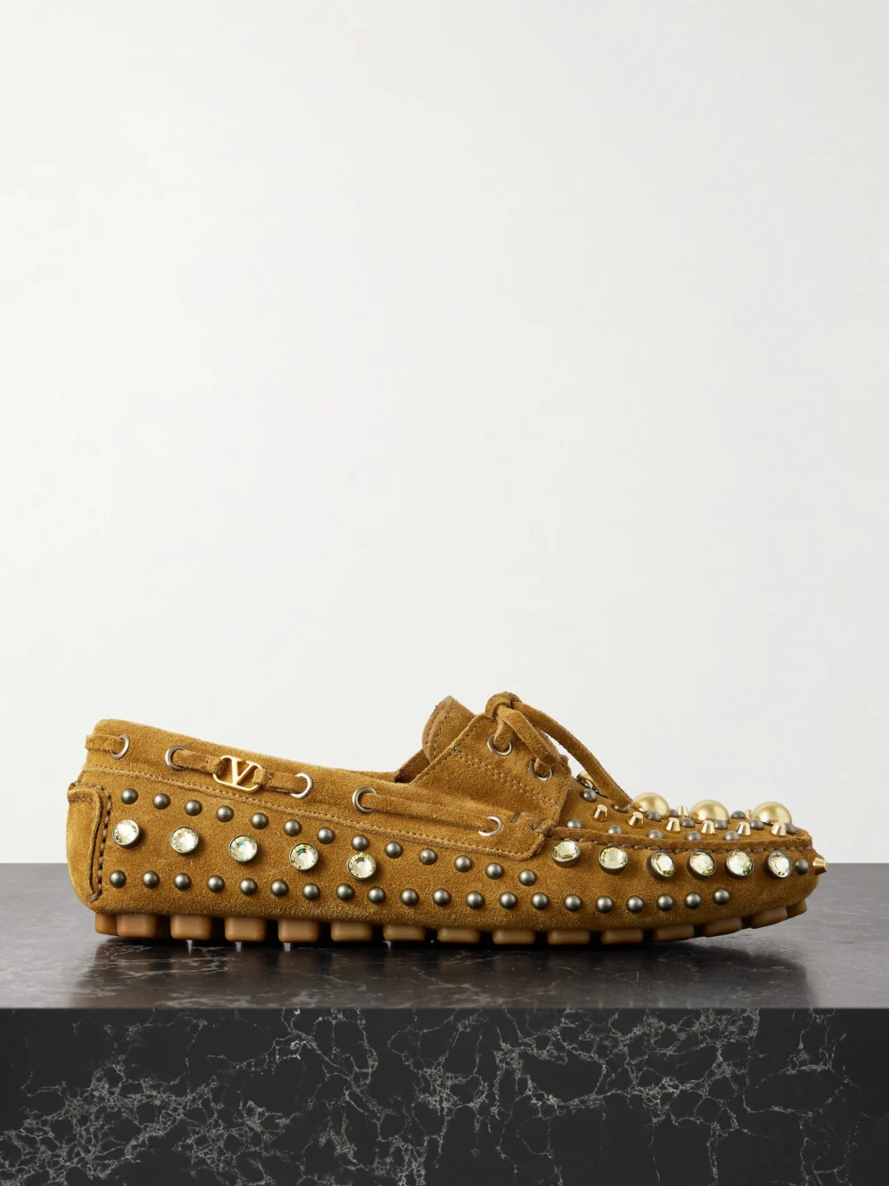Valentino Garavani Fastaway Embellished Suede Loafers in tan