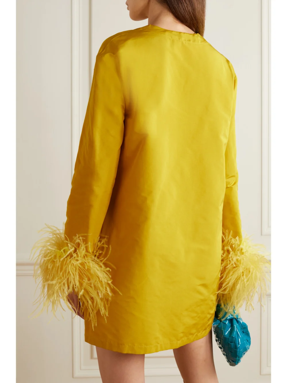 Back view of the Valentino Garavani Feather-trimmed Cotton-blend Mini Dress