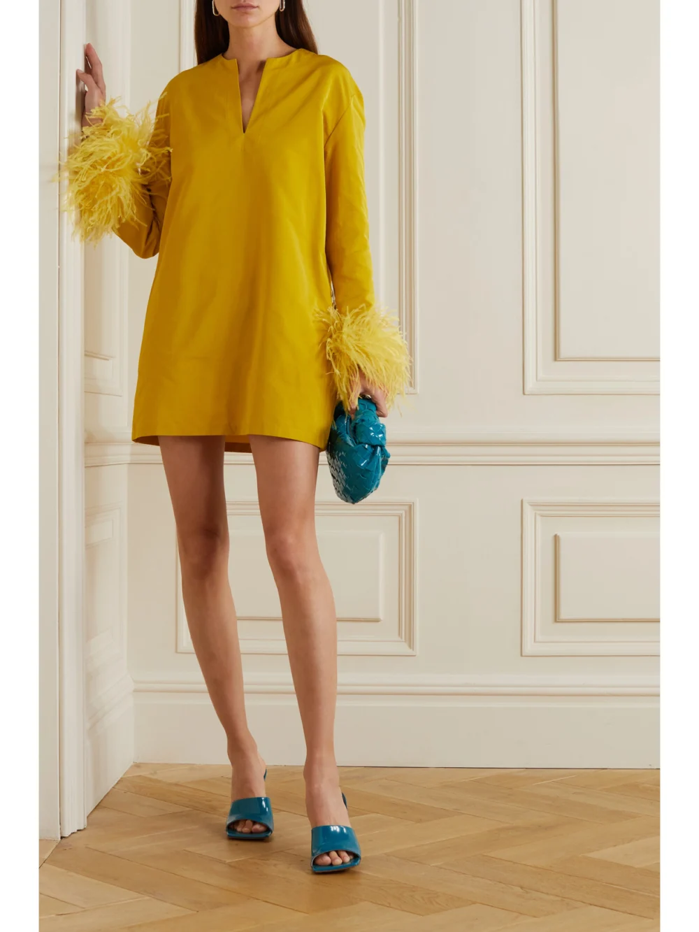 Valentino Garavani Feather-trimmed Cotton-blend Mini Dress, worn by a model