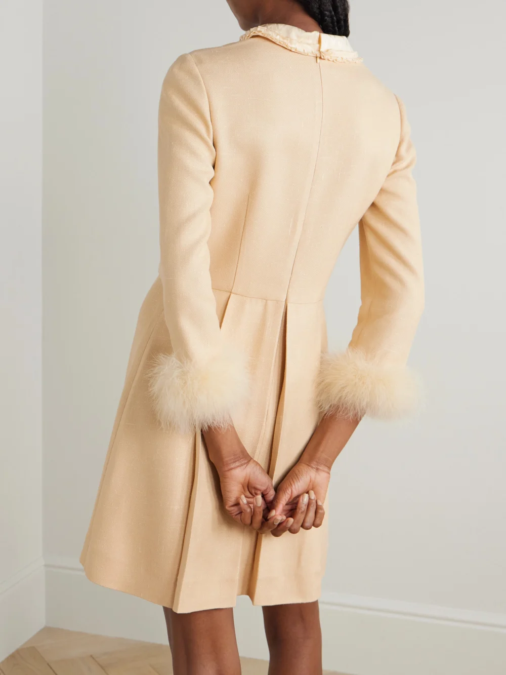 Back view of the Valentino Garavani Feather-trimmed Embellished Jacquard and Woven Mini Dress
