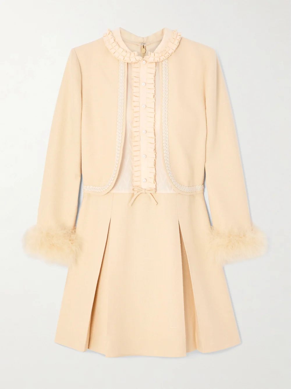 Valentino Garavani Feather-trimmed Embellished Jacquard and Woven Mini Dress in peach