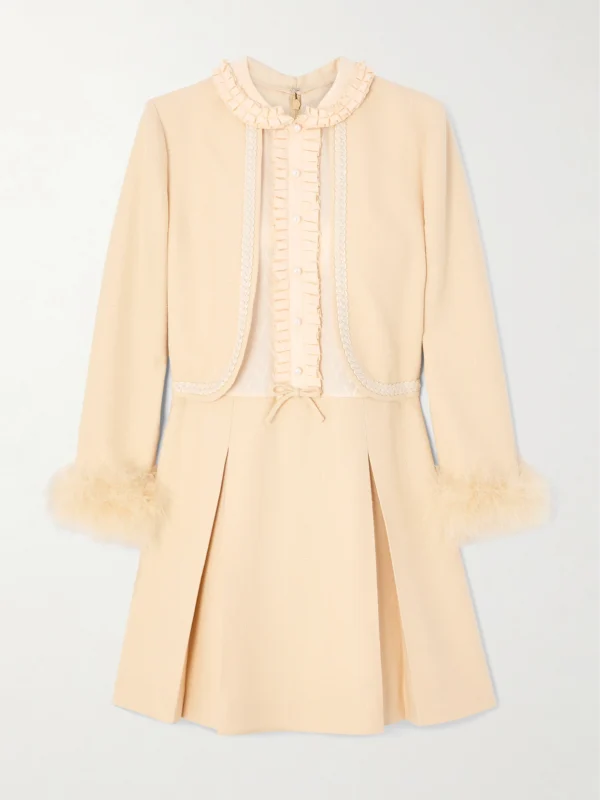 Valentino Garavani Feather-trimmed Embellished Jacquard and Woven Mini Dress