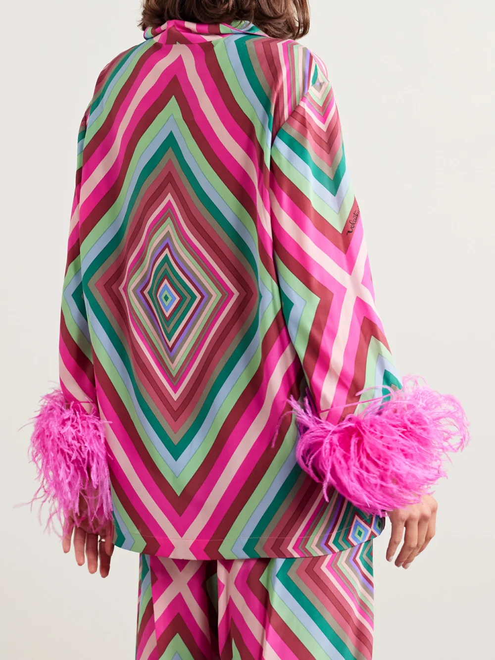 Back view of the Valentino Garavani Feather-trimmed Printed Silk Crepe De Chine Shirt