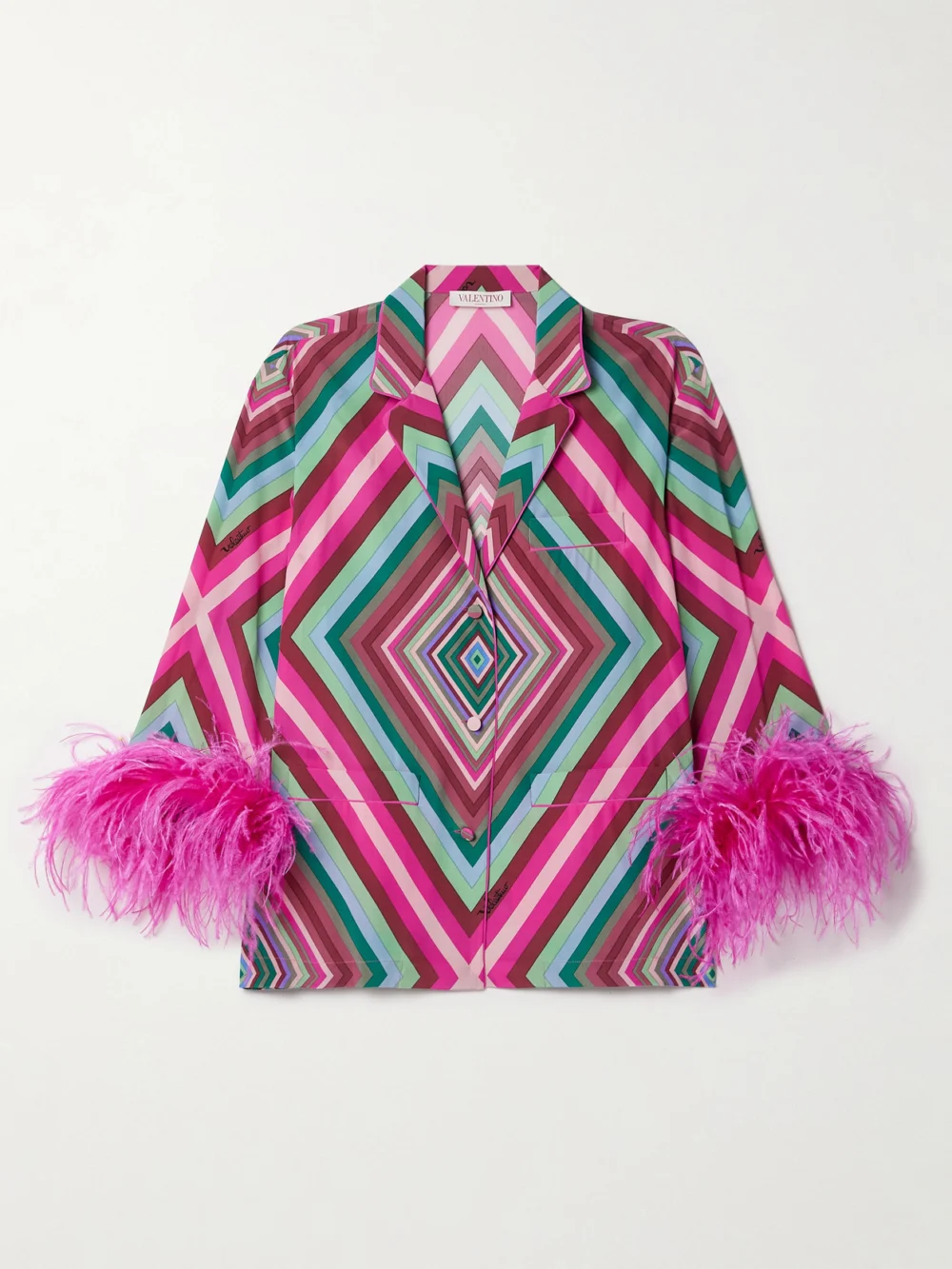 Valentino Garavani Feather-trimmed Printed Silk Crepe De Chine Shirt in pink