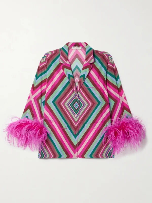Valentino Garavani Feather-trimmed Printed Silk Crepe De Chine Shirt