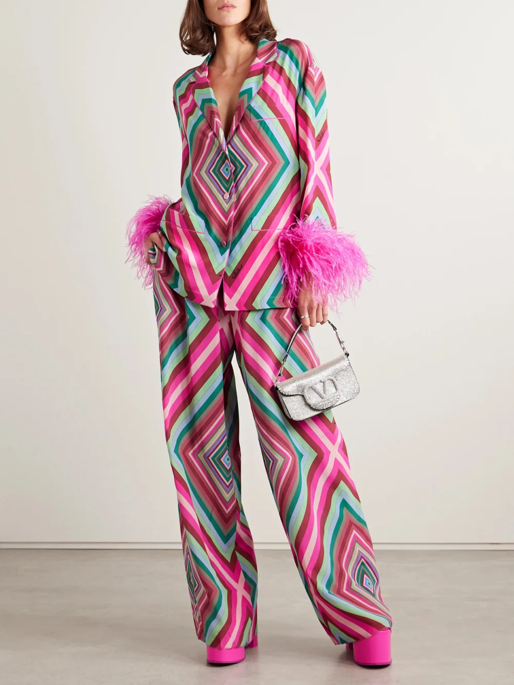 Valentino Garavani Feather-trimmed Printed Silk Crepe De Chine Shirt, worn by a model