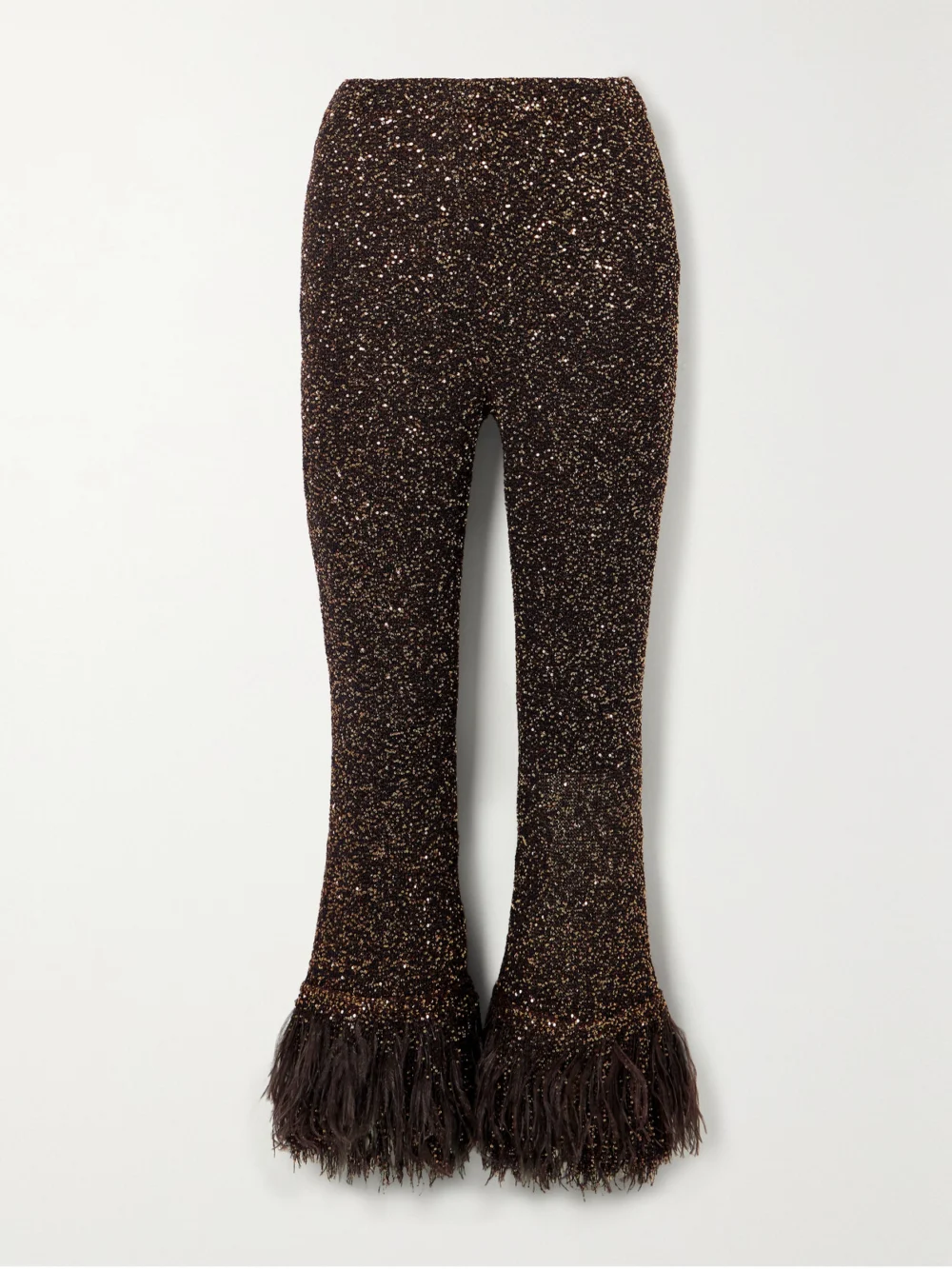 Valentino Garavani Feather-trimmed Sequin-embellished Knitted Flared Pants in brown