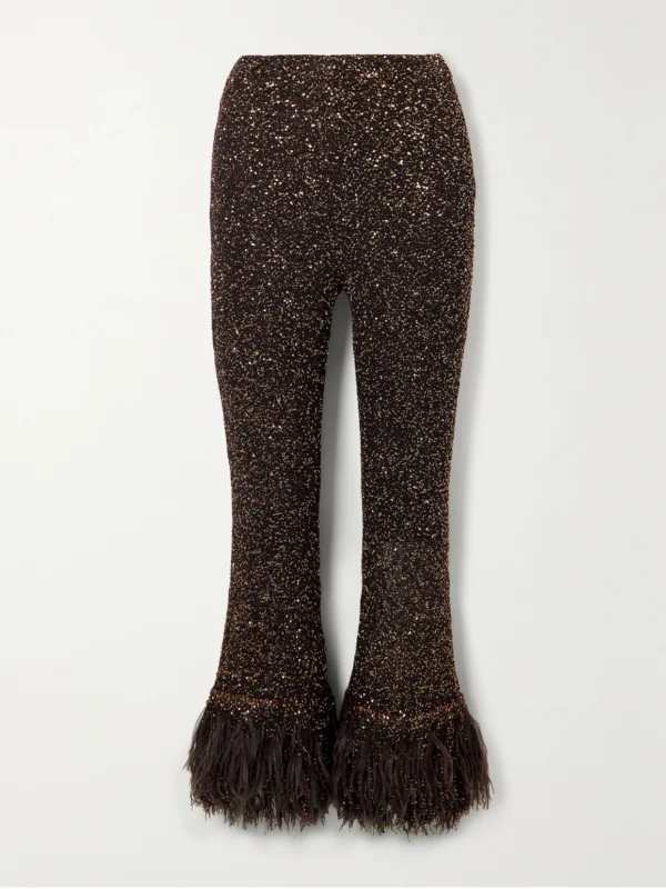 Valentino Garavani Feather-trimmed Sequin-embellished Knitted Flared Pants