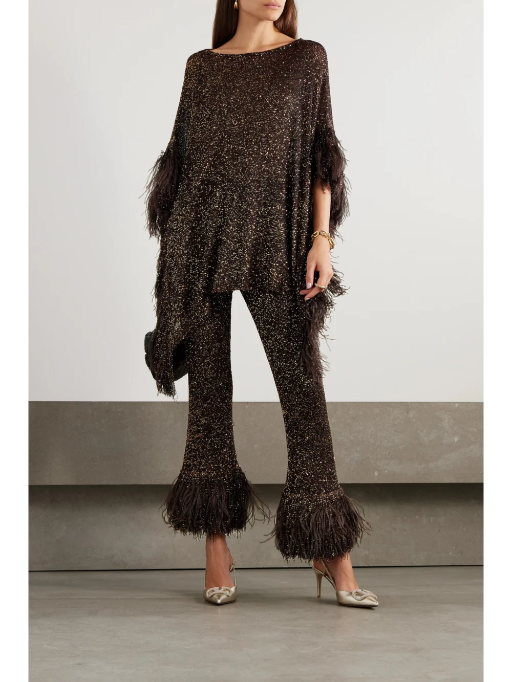 Valentino Garavani Feather-trimmed Sequin-embellished Knitted Flared Pants, worn by a model