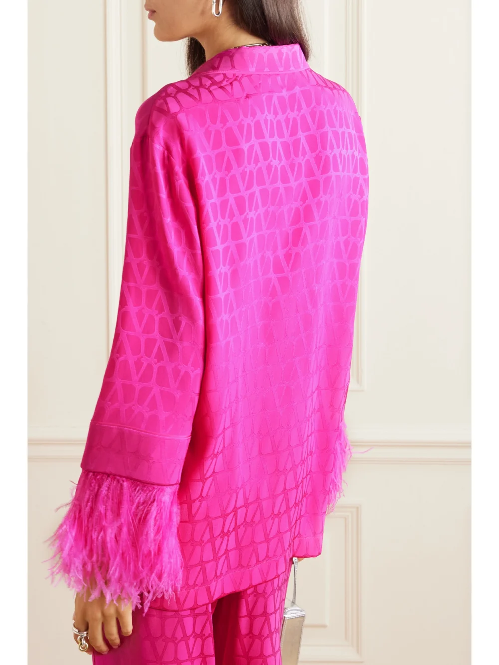 Back view of the Valentino Garavani Feather-trimmed Silk-jacquard Shirt