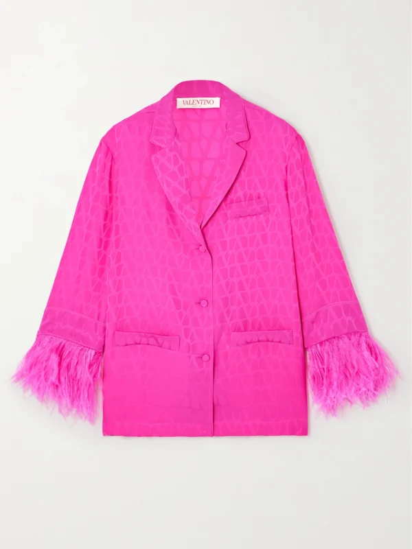 Valentino Garavani Feather-trimmed Silk-jacquard Shirt