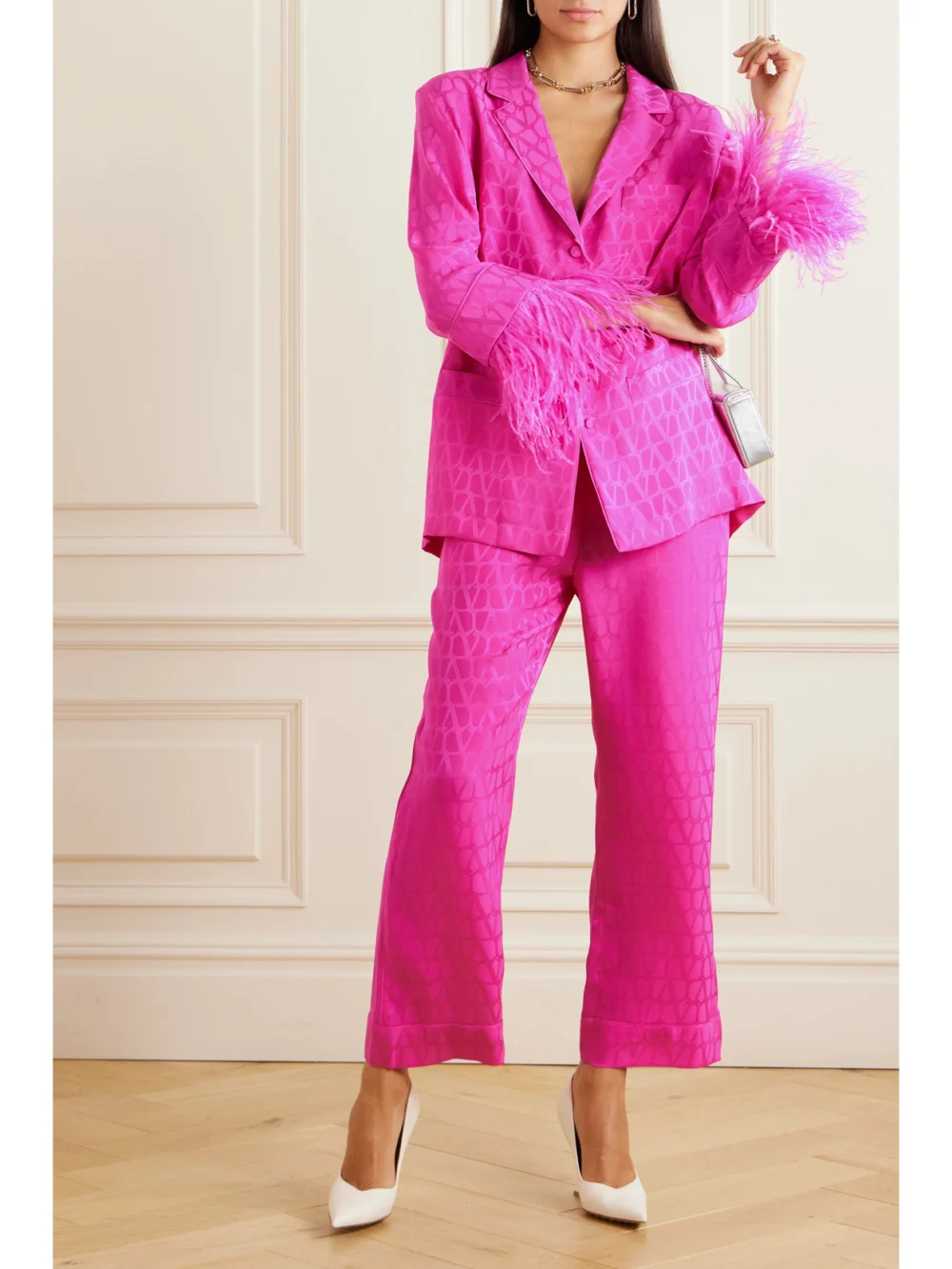 Valentino Garavani Feather-trimmed Silk-jacquard Shirt, worn by a model