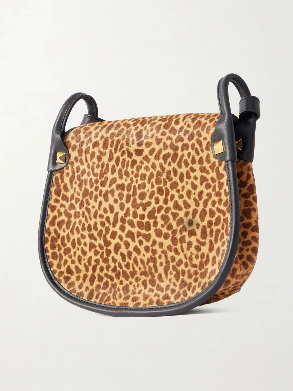Back view of the Valentino Garavani Flaneuse Small Studded Leather-trimmed Leopard-print Calf Hair Shoulder Bag
