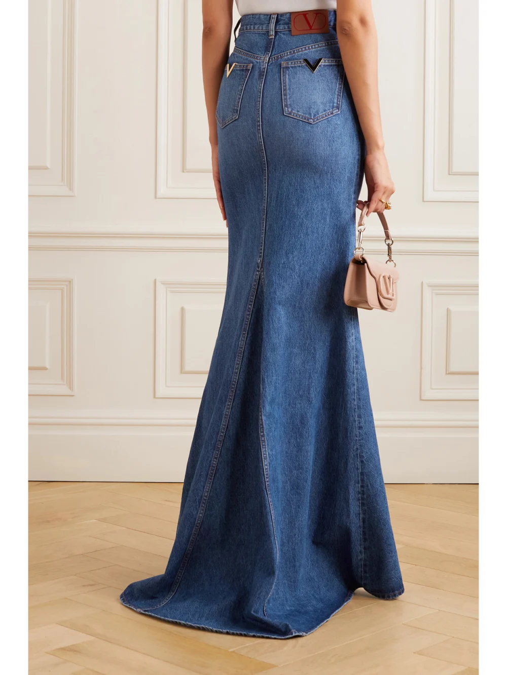 Back view of the Valentino Garavani Flared Denim Maxi Skirt