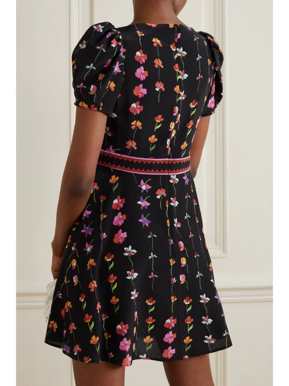 Back view of the Valentino Garavani Floral-print Wool-blend Crepe De Chine Mini Dress