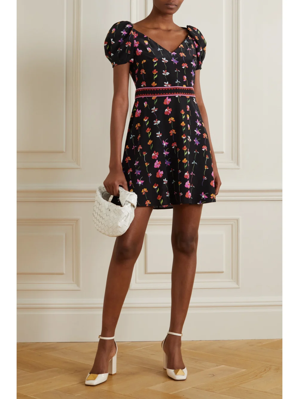 Valentino Garavani Floral-print Wool-blend Crepe De Chine Mini Dress, worn by a model