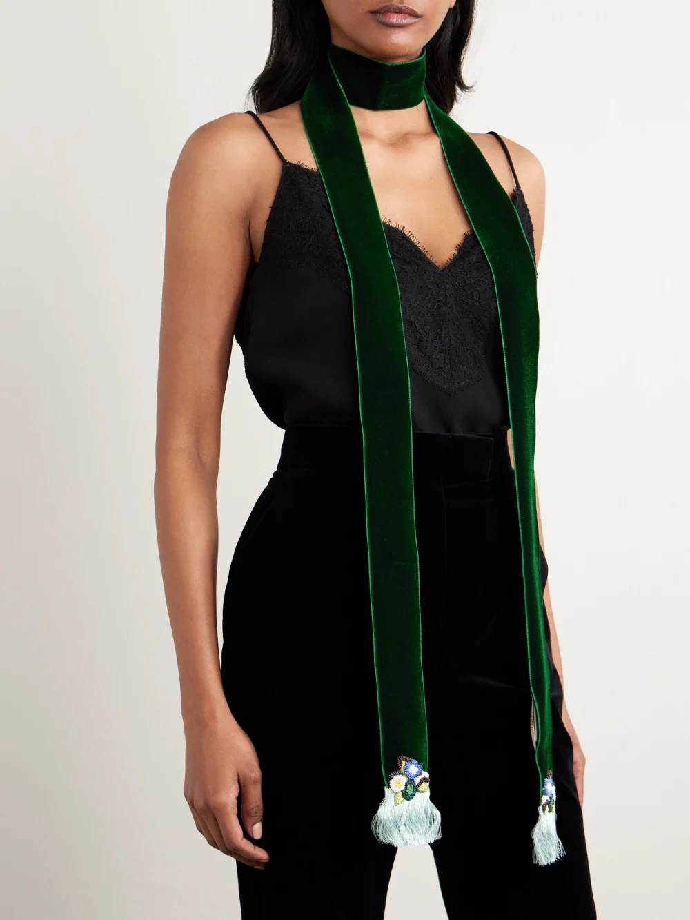 Valentino Garavani Fringed Embellished Velvet Scarf, styled view