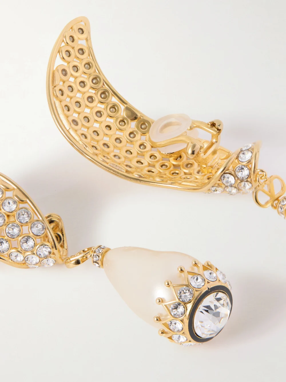 Back view of the Valentino Garavani Gold-tone, Crystal, Faux Pearl and Resin Earrings
