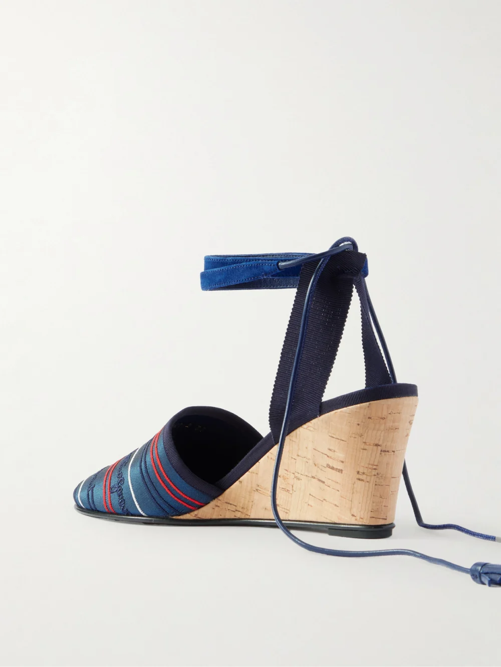 Back view of the Valentino Garavani La Cruisette 75 Tasseled Embroidered Canvas Wedge Sandals