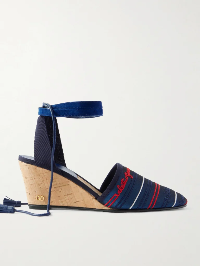 Valentino Garavani La Cruisette 75 Tasseled Embroidered Canvas Wedge Sandals