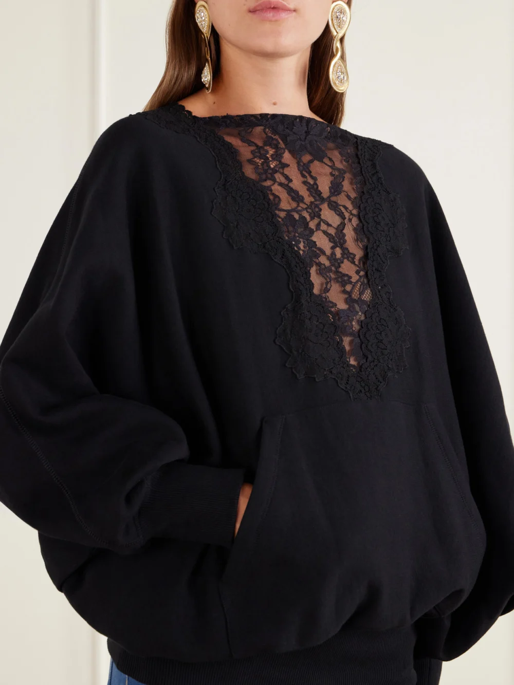 Close-up detail of the Valentino Garavani Lace-trimmed Cotton-jersey Sweatshirt