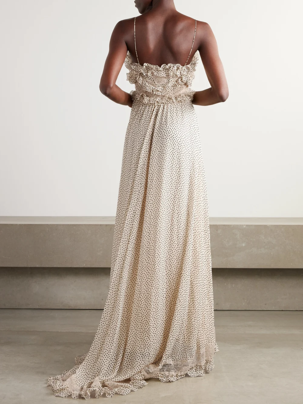Back view of the Valentino Garavani Lace-trimmed Ruffled Polka-dot Silk-georgette Gown