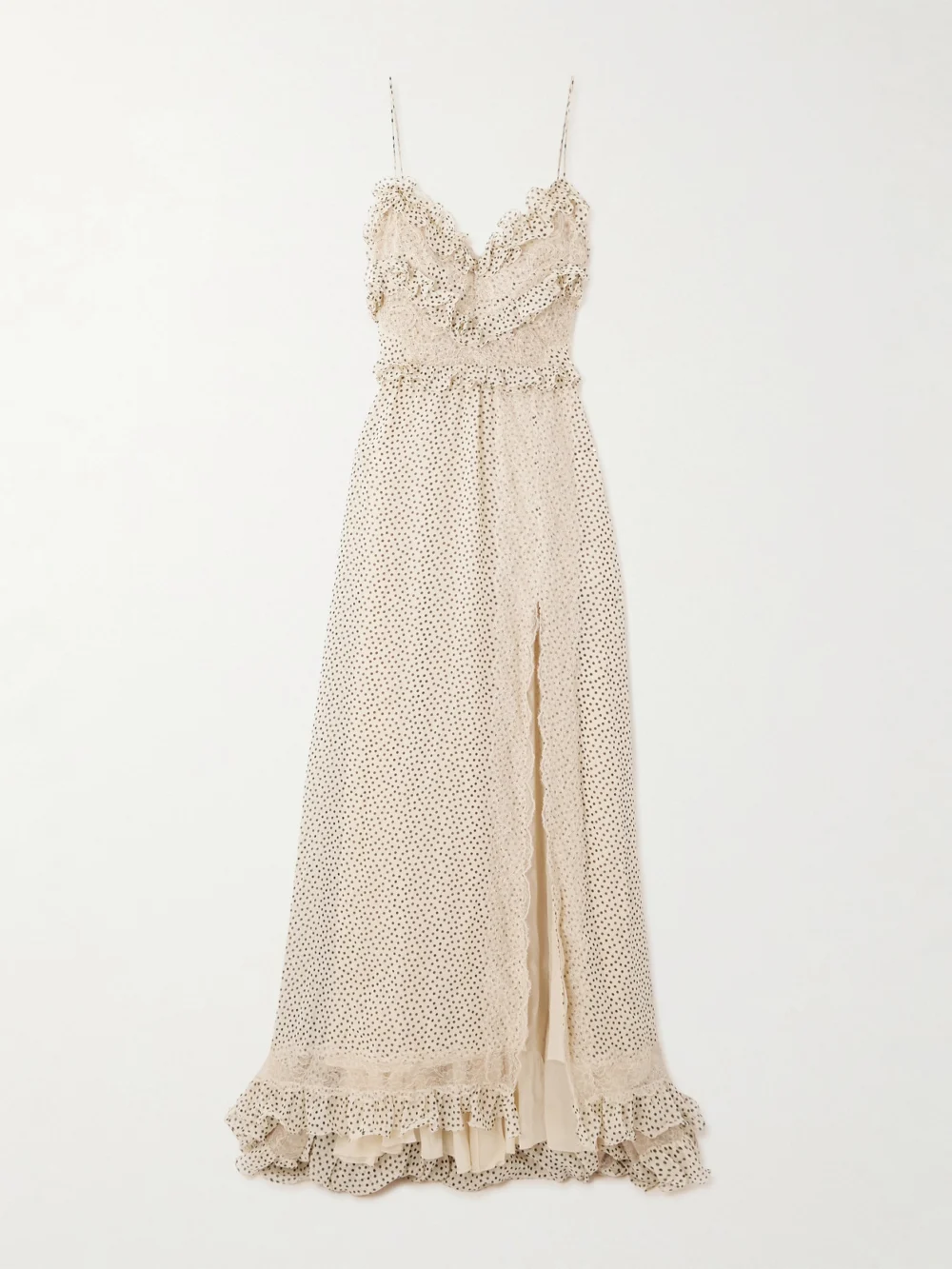Valentino Garavani Lace-trimmed Ruffled Polka-dot Silk-georgette Gown in beige