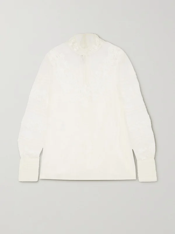 Valentino Garavani Lace-trimmed Wool and Silk-blend Mesh Blouse