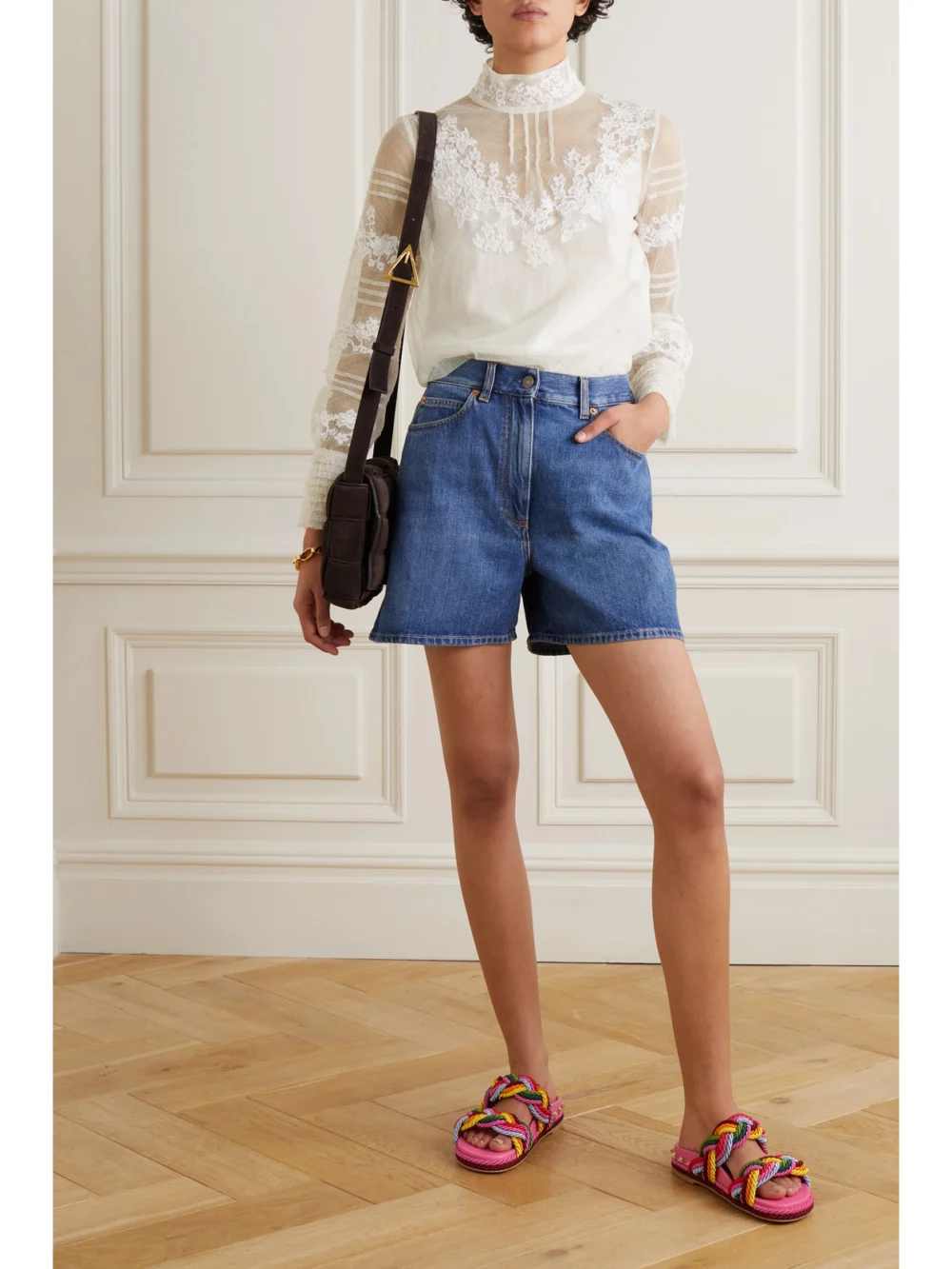 Valentino Garavani Lace-trimmed Wool and Silk-blend Mesh Blouse, worn by a model