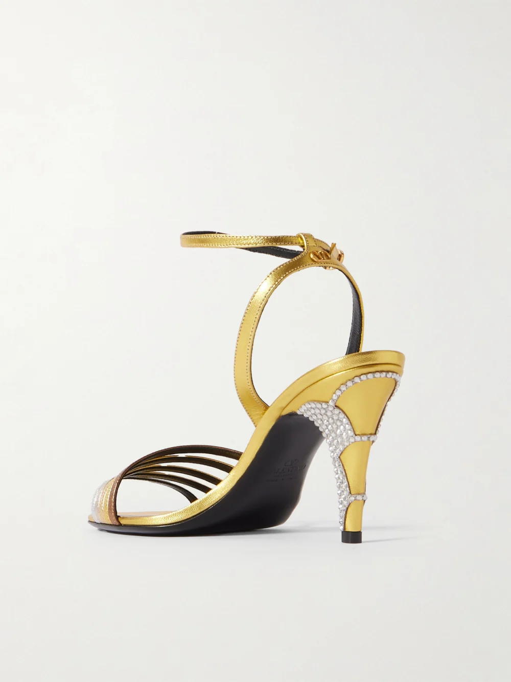 Back view of the Valentino Garavani Ladycrush 85 Crystal-embellished Metallic Leather Pumps