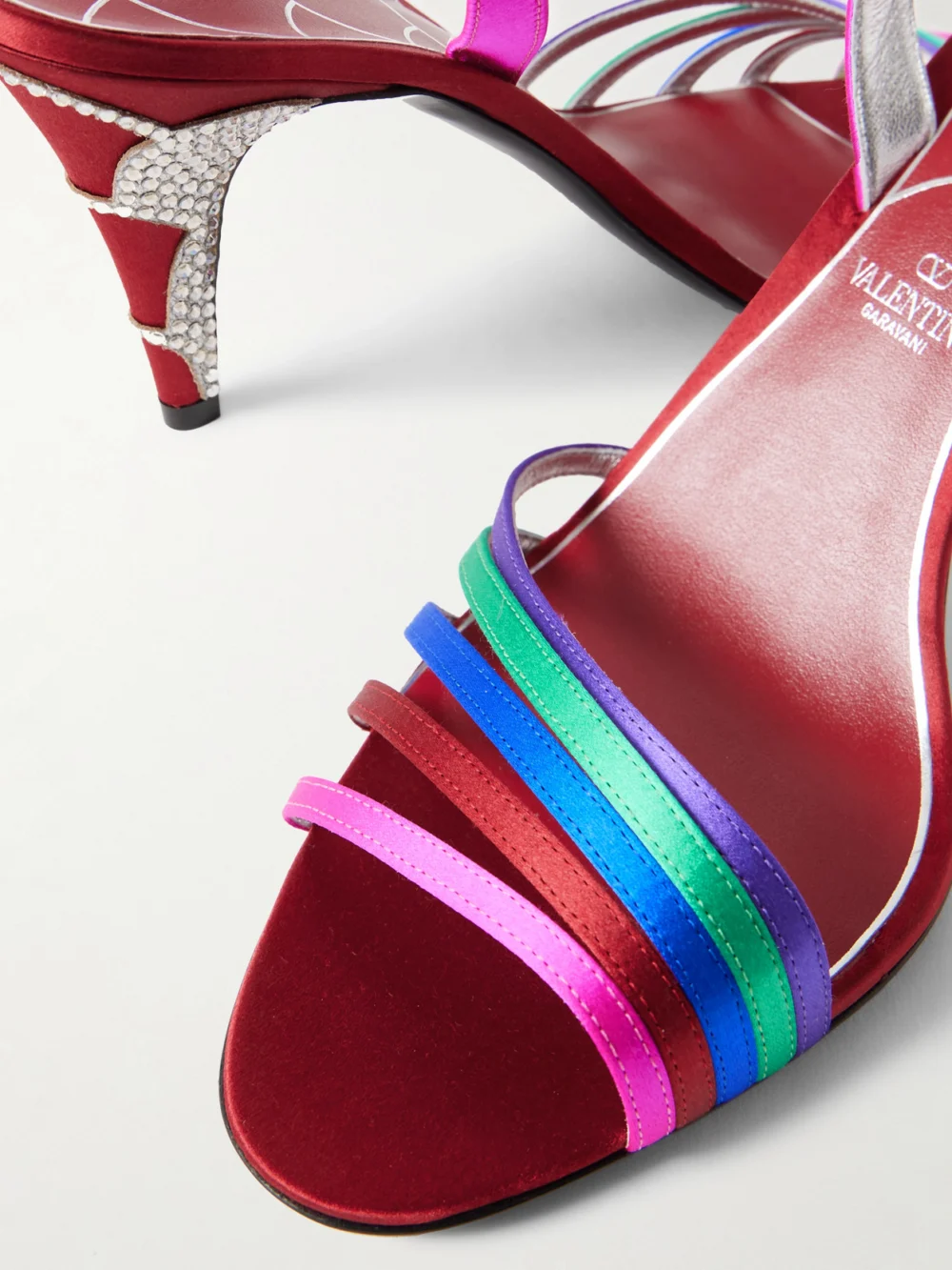 Close-up detail of the Valentino Garavani Ladycrush 85 Crystal-embellished Satin Sandals