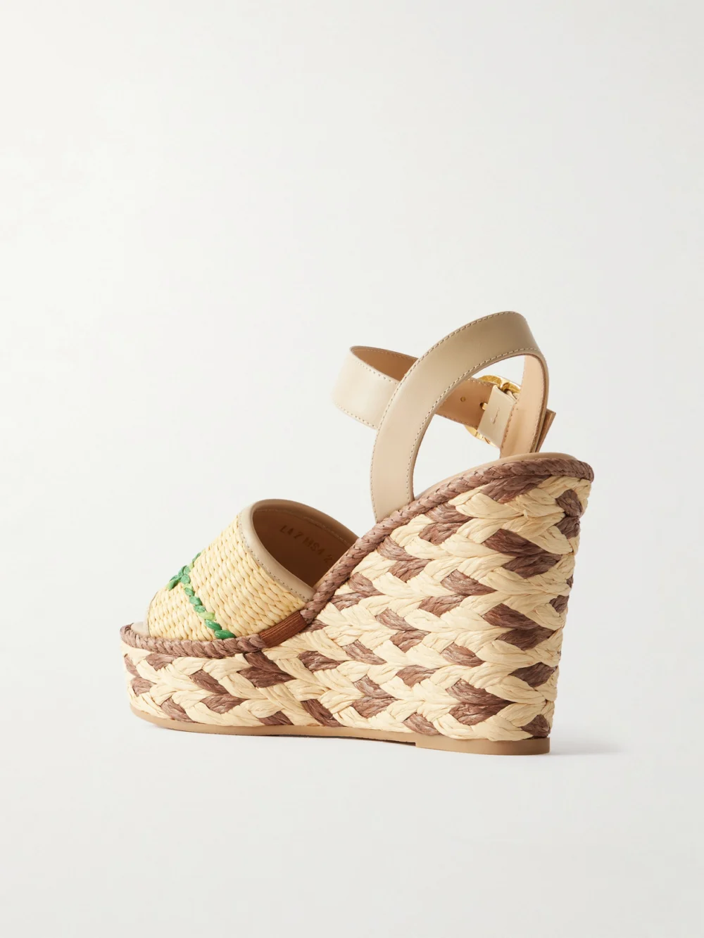 Back view of the Valentino Garavani Leather and Floral-embroidered Raffia Wedge Espadrilles