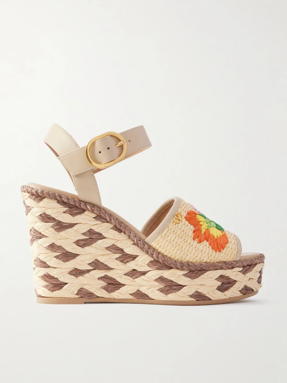Valentino Garavani Leather and Floral-embroidered Raffia Wedge Espadrilles in beige