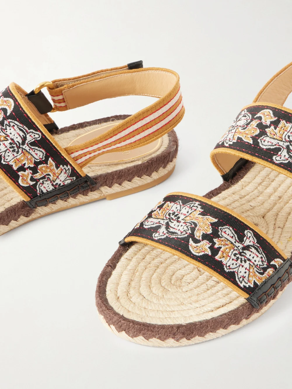 Close-up detail of the Valentino Garavani Leather-trimmed Embroidered Canvas Espadrille Sandals
