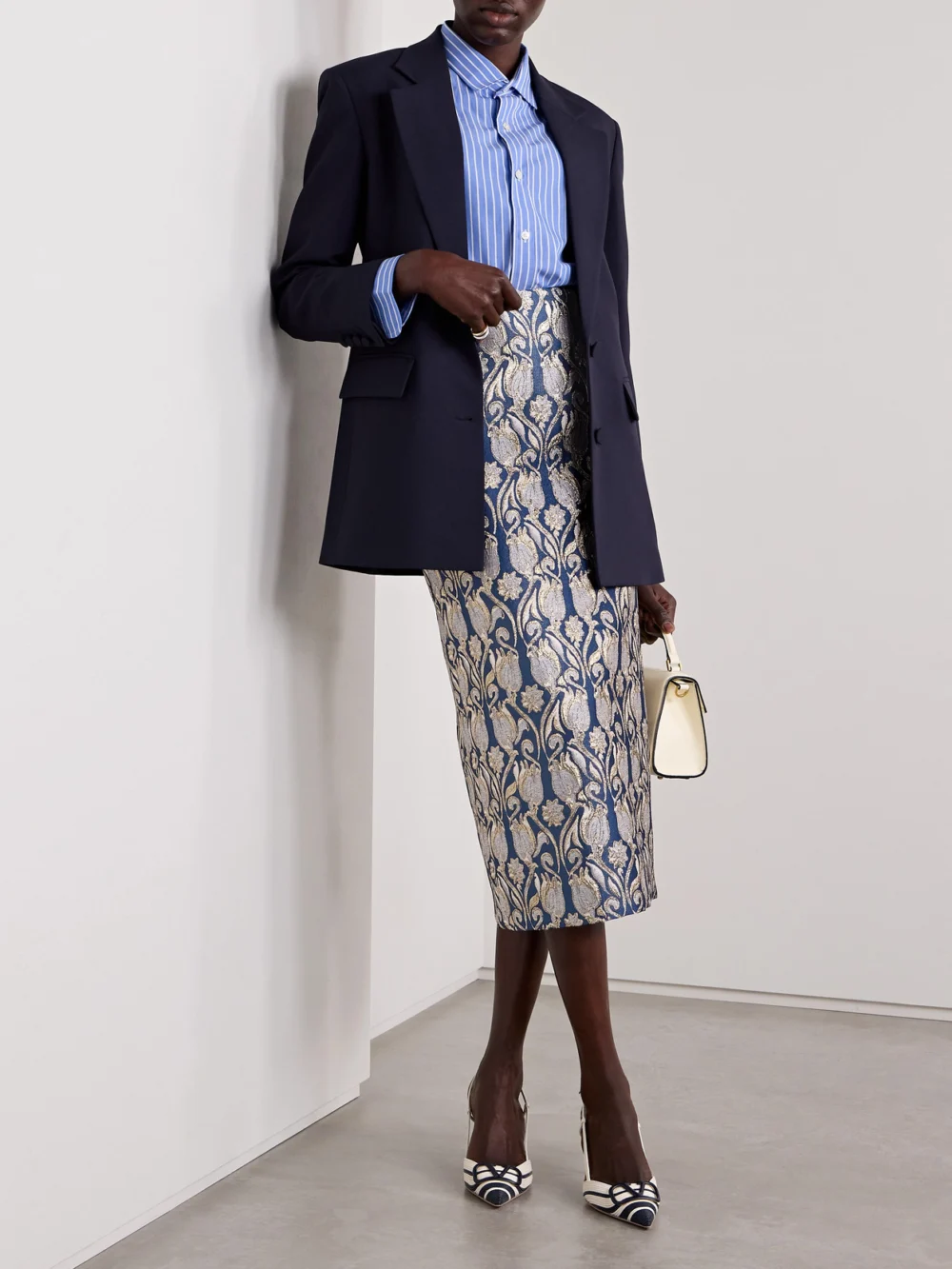 Valentino Garavani Metallic Floral-brocade Midi Skirt, worn by a model