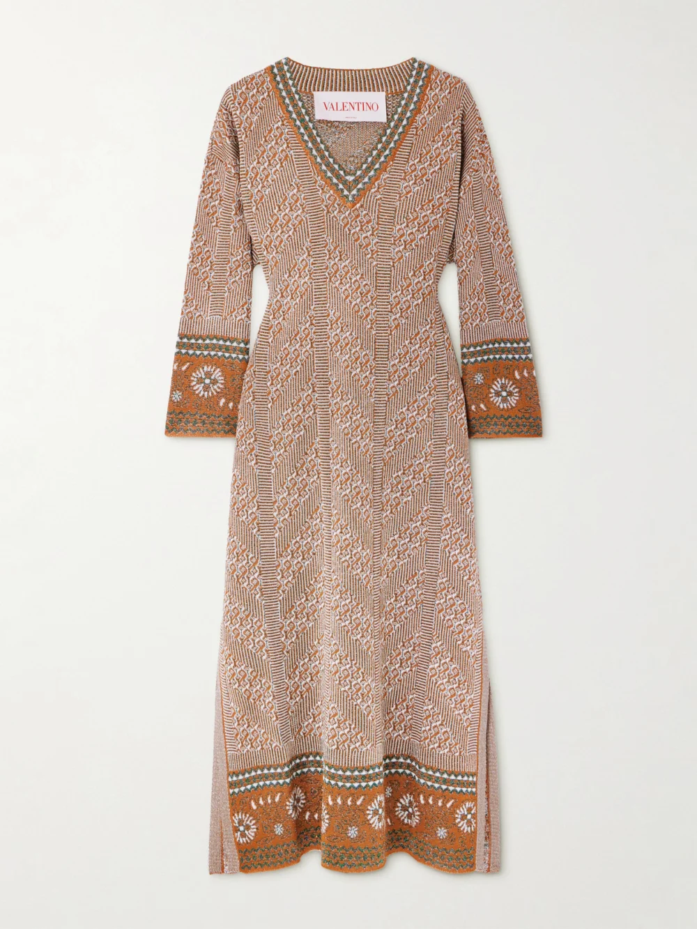 Valentino Garavani Metallic Intarsia-knit Midi Dress in brown