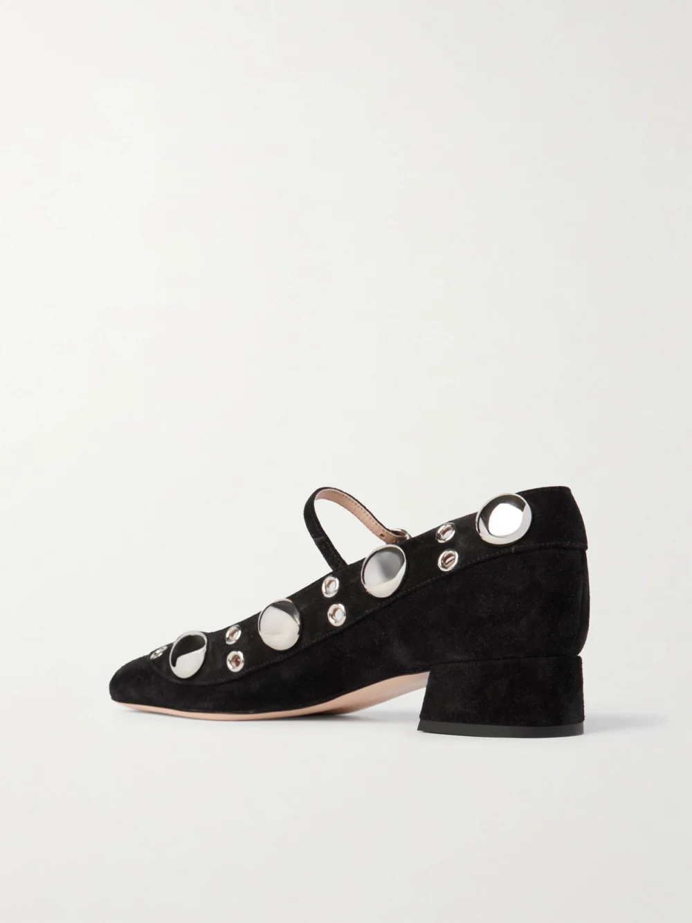 Back view of the Valentino Garavani Nellcote 30 Embellished Mary Jane Suede Pumps