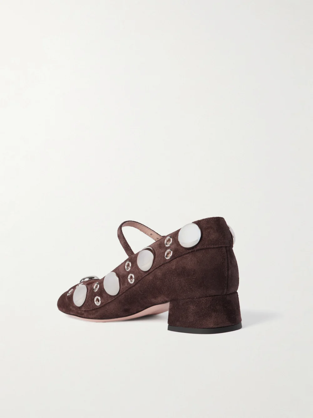 Back view of the Valentino Garavani Nellcote 30 Embellished Mary Jane Suede Pumps