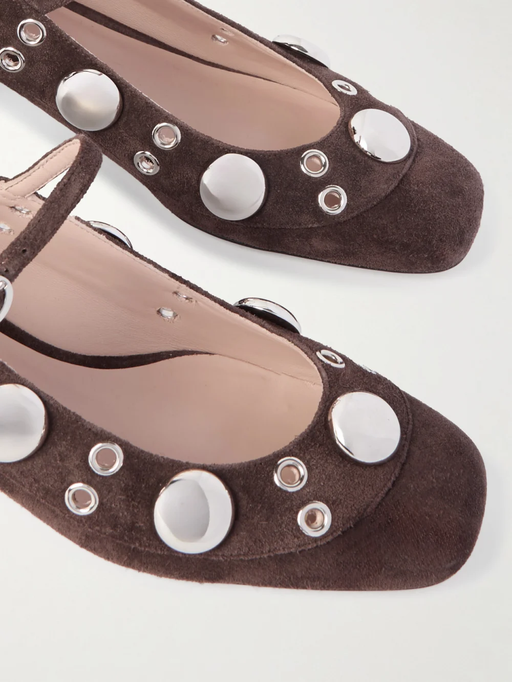 Close-up detail of the Valentino Garavani Nellcote 30 Embellished Mary Jane Suede Pumps