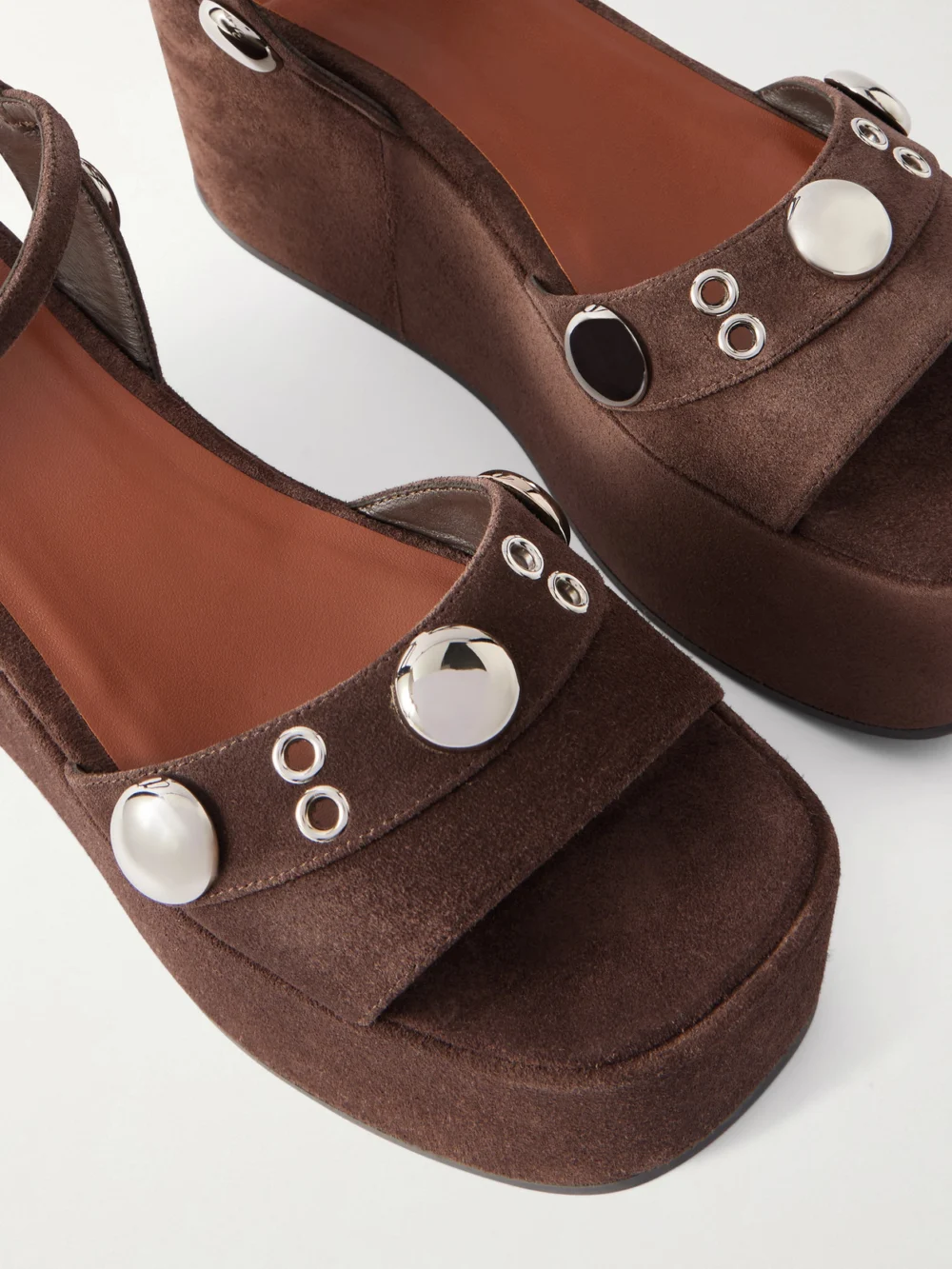 Close-up detail of the Valentino Garavani Nellcôte 65 Embellished Suede Platform Sandals