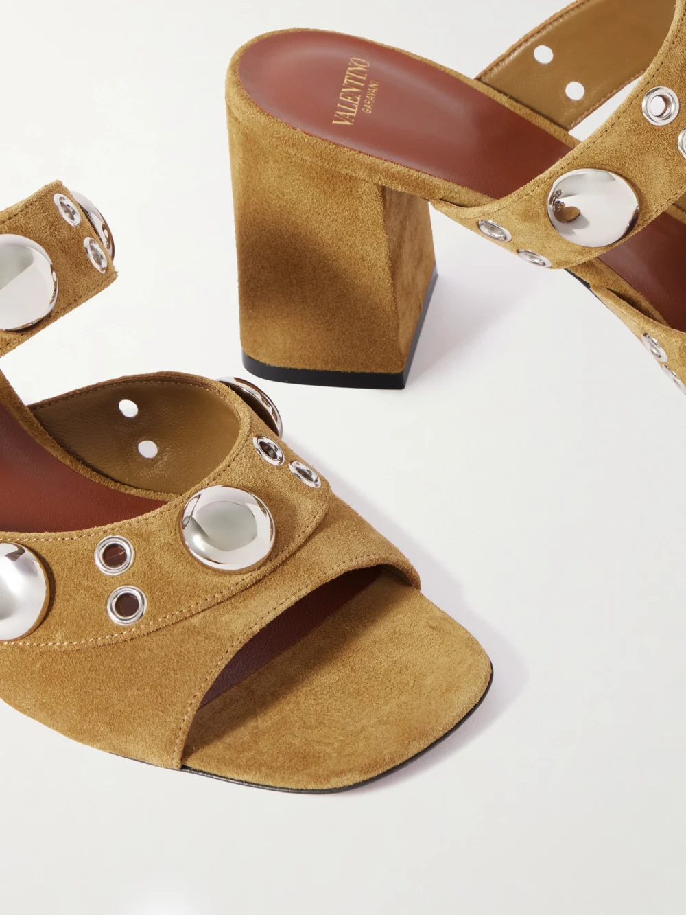 Close-up detail of the Valentino Garavani Nellcôte 75 Embellished Suede Mules