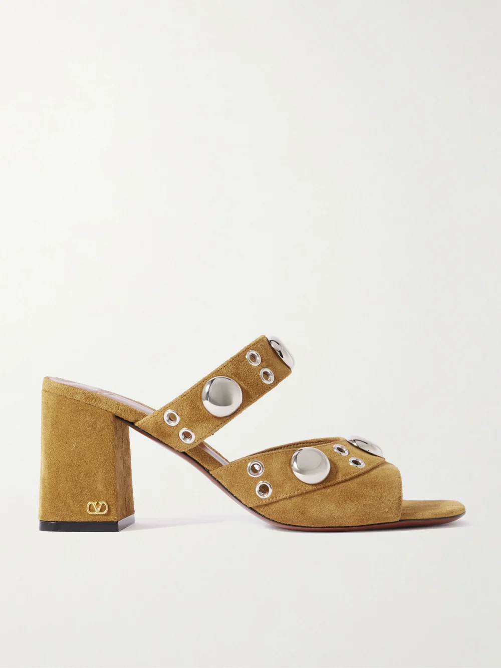 Valentino Garavani Nellcôte 75 Embellished Suede Mules in tan