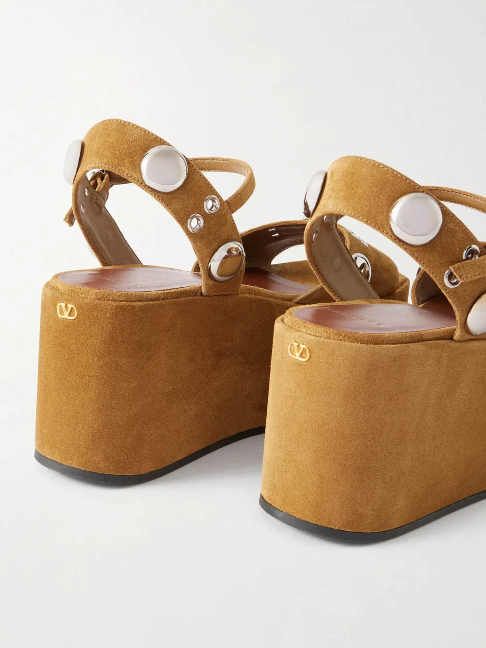 Close-up detail of the Valentino Garavani Nellcôte Embellished Suede Platform Sandals